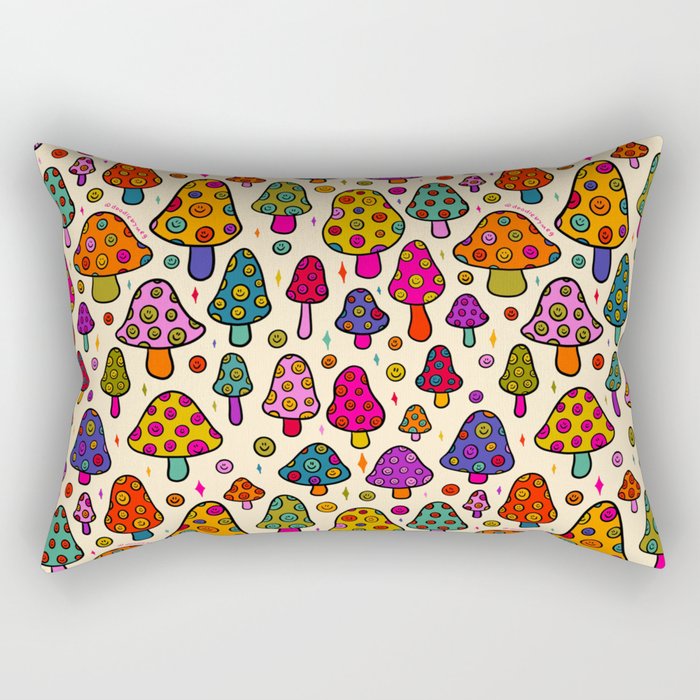 Smiley Mushrooms Print in Cream Rectangular Pillow Gallery Image 2