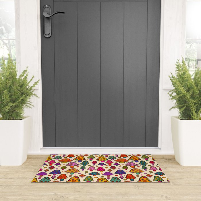 Smiley Mushrooms Print in Cream Welcome Mat Gallery Image 3