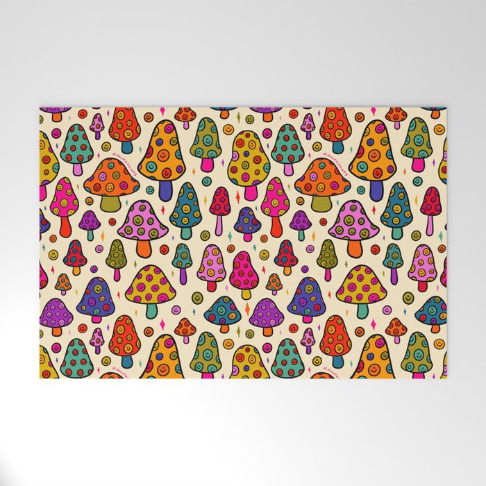 Smiley Mushrooms Print in Cream Welcome Mat Gallery Image 1