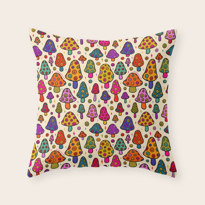 Smiley Mushrooms Print in Cream Throw Pillow Gallery Image 6