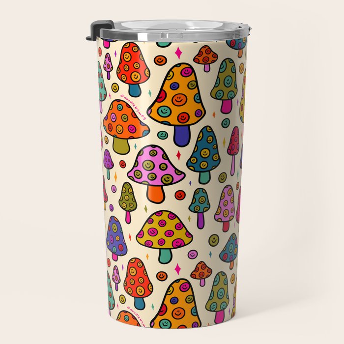Smiley Mushrooms Print in Cream Travel Mug Gallery Image 3