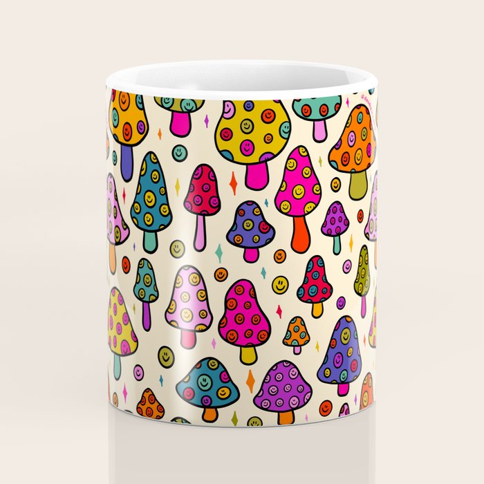 Smiley Mushrooms Print in Cream Coffee Mug Gallery Image 4