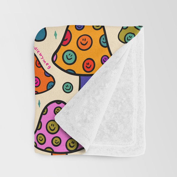 Smiley Mushrooms Print in Cream Throw Blanket Gallery Image 3