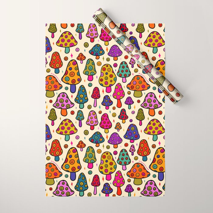 Smiley Mushrooms Print in Cream Wrapping Paper Gallery Image 1