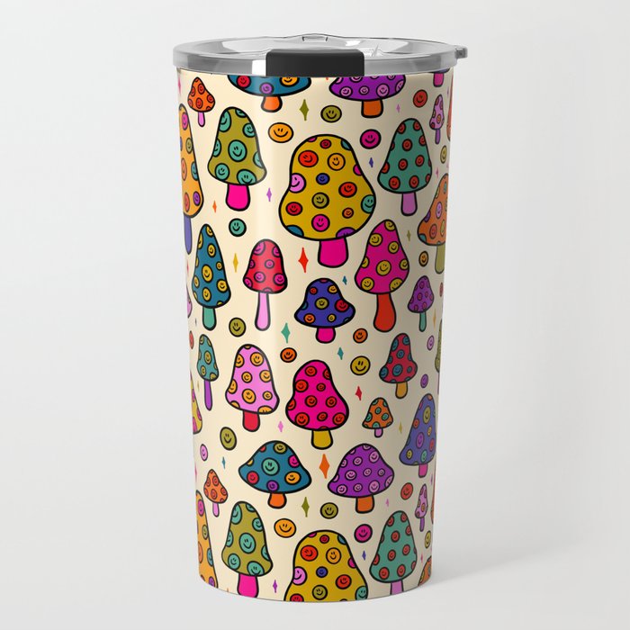 Smiley Mushrooms Print in Cream Travel Mug Gallery Image 1