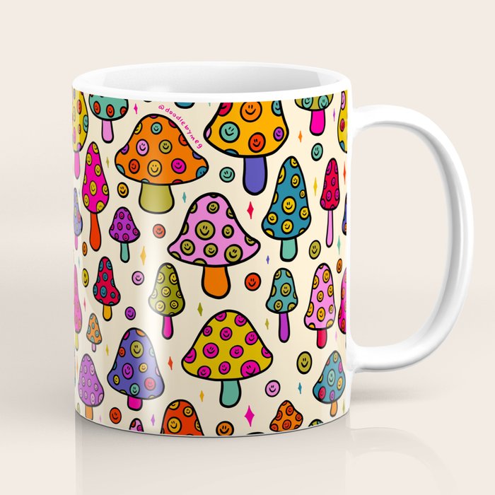 Smiley Mushrooms Print in Cream Coffee Mug Gallery Image 1