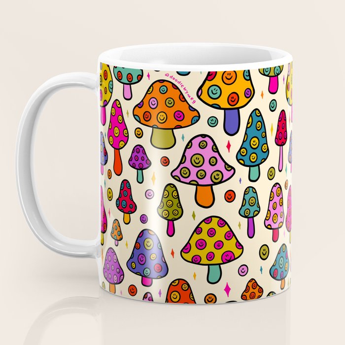 Smiley Mushrooms Print in Cream Coffee Mug Gallery Image 3