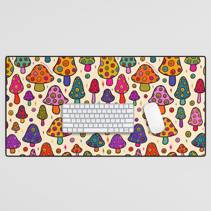 Smiley Mushrooms Print in Cream Desk Mat Gallery Image 1