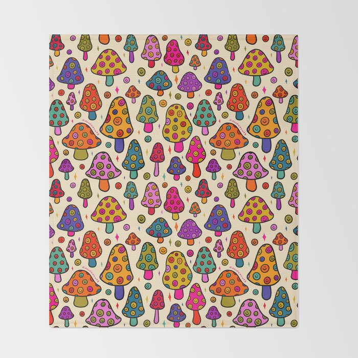 Smiley Mushrooms Print in Cream Throw Blanket Gallery Image 2