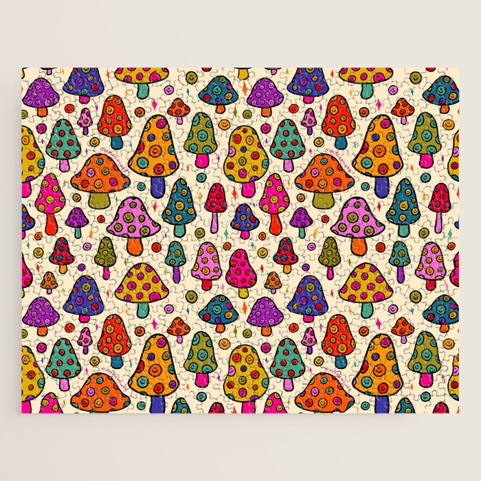 Smiley Mushrooms Print in Cream Jigsaw Puzzle Gallery Image 1