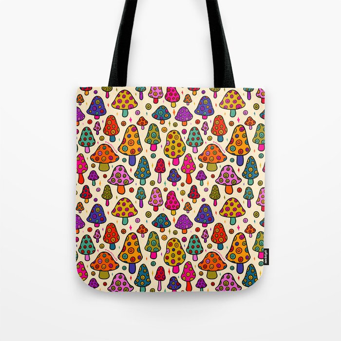 Smiley Mushrooms Print in Cream Tote Bag Gallery Image 1