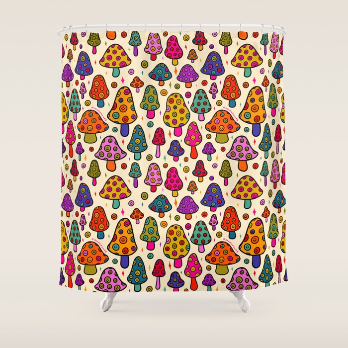 Smiley Mushrooms Print in Cream Shower Curtain Gallery Image 1