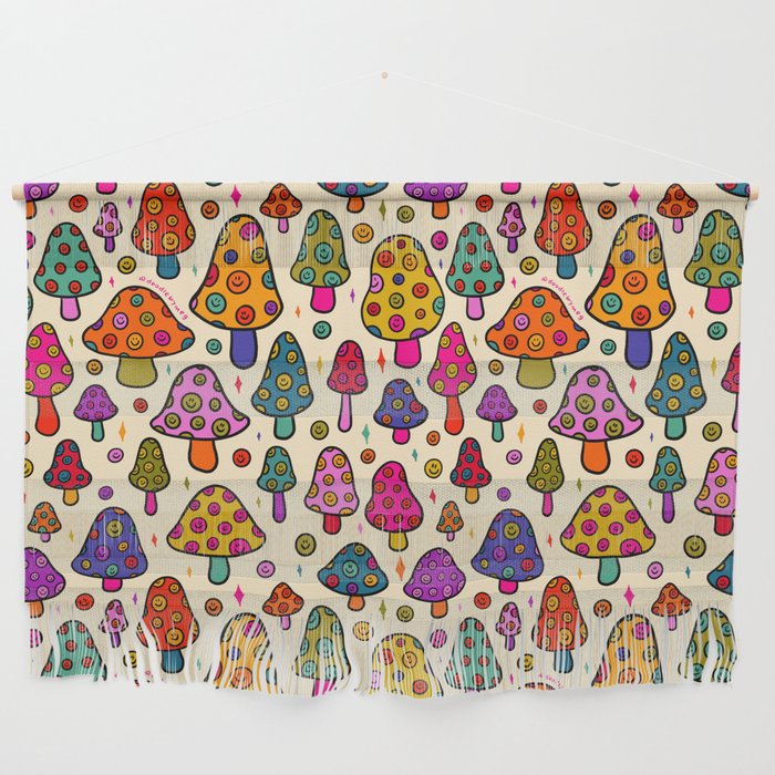 Smiley Mushrooms Print in Cream Wall Hanging Gallery Image 1