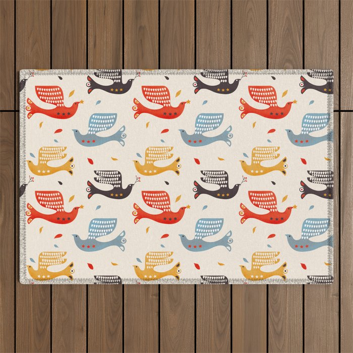Festive Birds retro pattern Outdoor Rug Gallery Image 1
