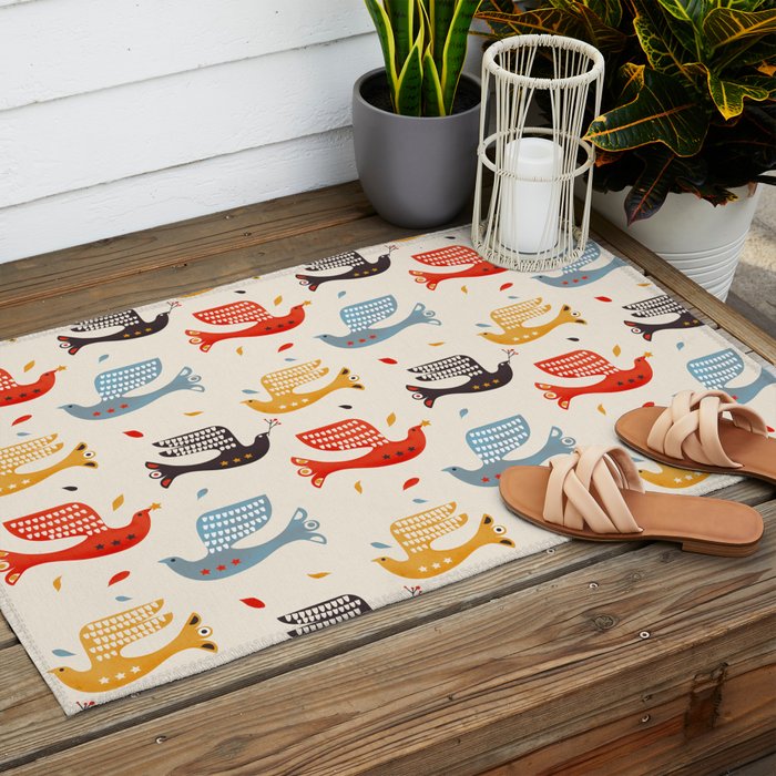 Festive Birds retro pattern Outdoor Rug Gallery Image 2