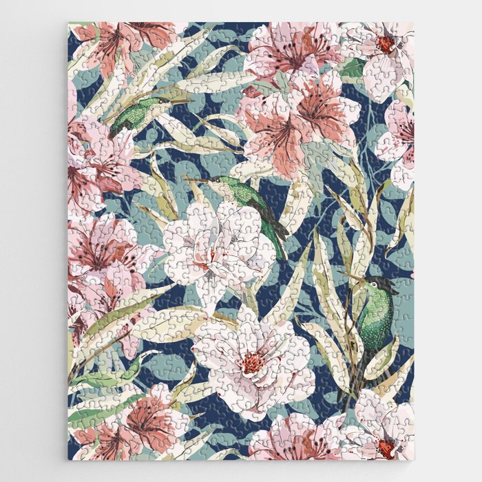 Birds in lush night garden flowers Jigsaw Puzzle Gallery Image 1