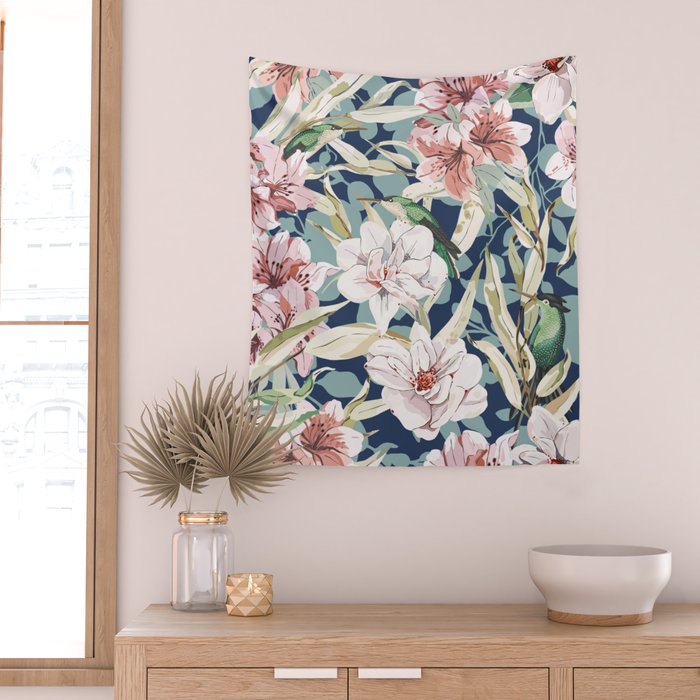 Birds in lush night garden flowers Wall Tapestry Gallery Image 2