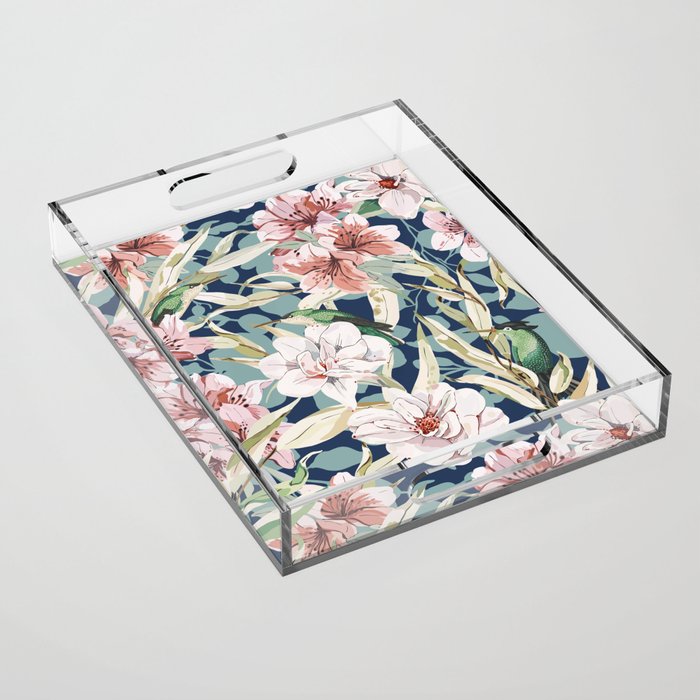 Birds in lush night garden flowers Acrylic Tray Gallery Image 1
