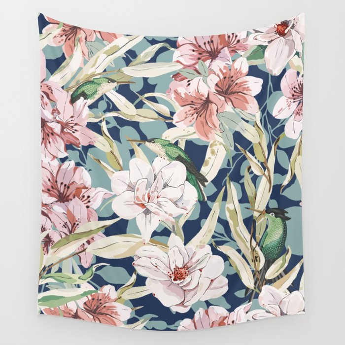 Birds in lush night garden flowers Wall Tapestry Gallery Image 4