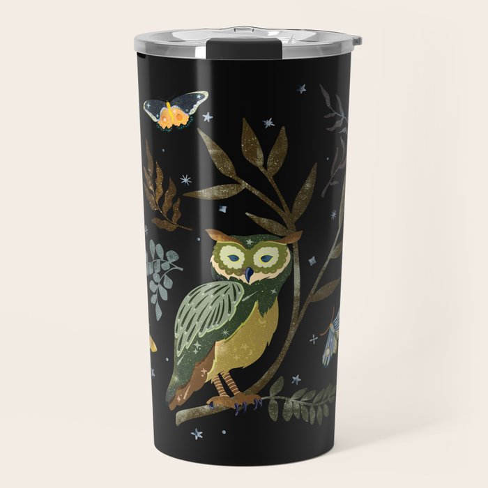 Moonlit Owl and Fluttering Moths Travel Mug Gallery Image 1