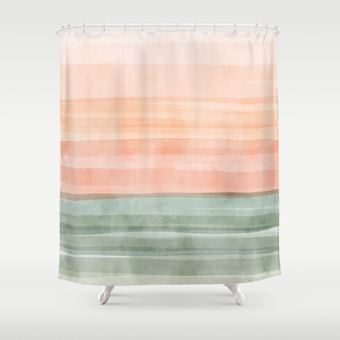 Light Sage Green Waves on a Peach Horizon, Abstract _watercolor color block Shower Curtain Gallery Image 1