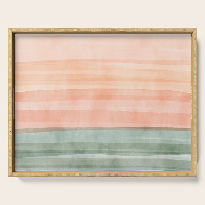 Light Sage Green Waves on a Peach Horizon, Abstract _watercolor color block Serving Tray Gallery Image 1