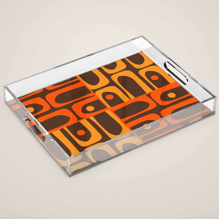 Mid Century Modern Abstract Retro 70s Brown and Orange Piquet Multi Pattern Acrylic Tray Gallery Image 1