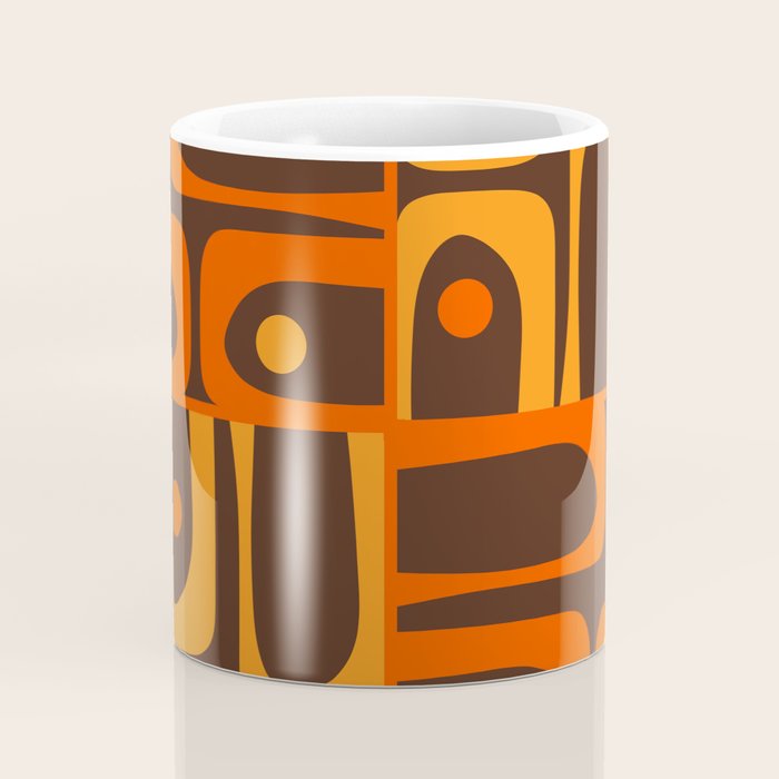 Mid Century Modern Abstract Retro 70s Brown and Orange Piquet Multi Pattern Coffee Mug Gallery Image 4