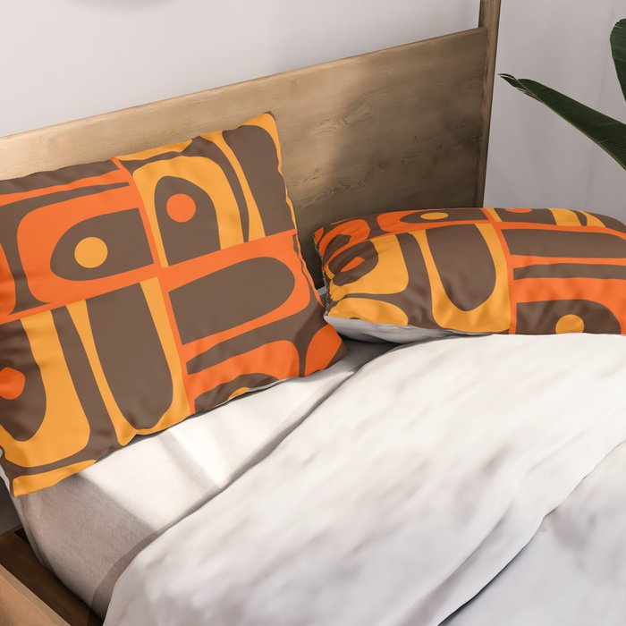 Mid Century Modern Abstract Retro 70s Brown and Orange Piquet Multi Pattern Pillow Sham Gallery Image 2
