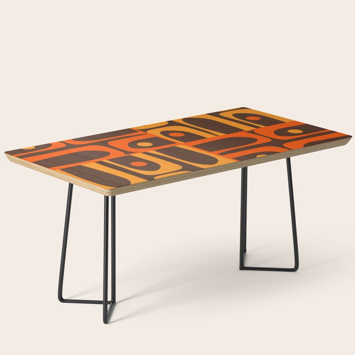 Mid Century Modern Abstract Retro 70s Brown and Orange Piquet Multi Pattern Coffee Table Gallery Image 1