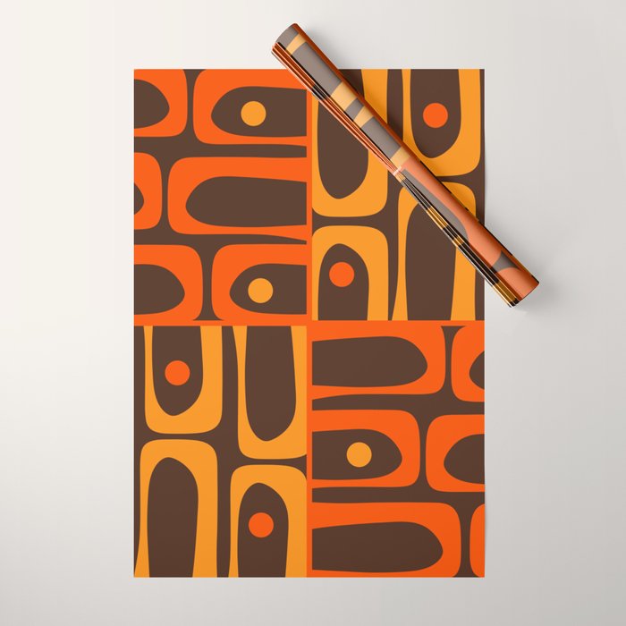 Mid Century Modern Abstract Retro 70s Brown and Orange Piquet Multi Pattern Wrapping Paper Gallery Image 1