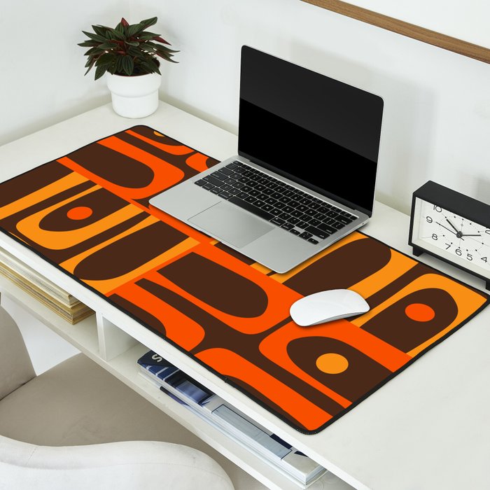 Mid Century Modern Abstract Retro 70s Brown and Orange Piquet Multi Pattern Desk Mat Gallery Image 2