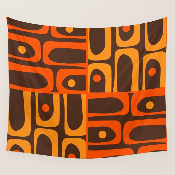 Mid Century Modern Abstract Retro 70s Brown and Orange Piquet Multi Pattern Wall Tapestry Gallery Image 4