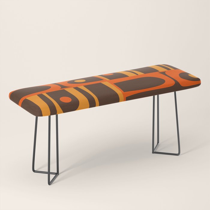 Mid Century Modern Abstract Retro 70s Brown and Orange Piquet Multi Pattern Bench Gallery Image 1
