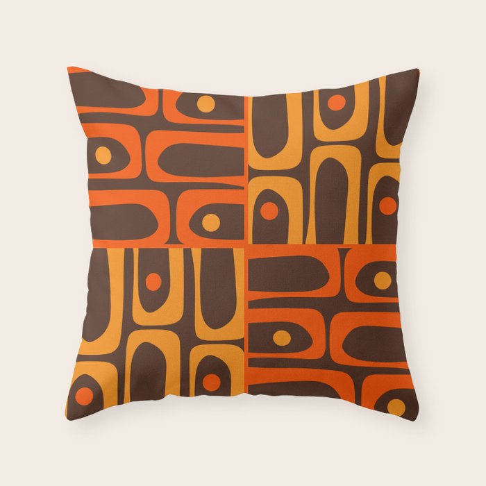 Mid Century Modern Abstract Retro 70s Brown and Orange Piquet Multi Pattern Throw Pillow Gallery Image 1
