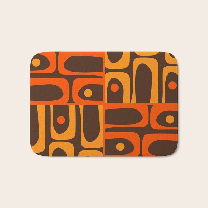 Mid Century Modern Abstract Retro 70s Brown and Orange Piquet Multi Pattern Bath Mat Gallery Image 1