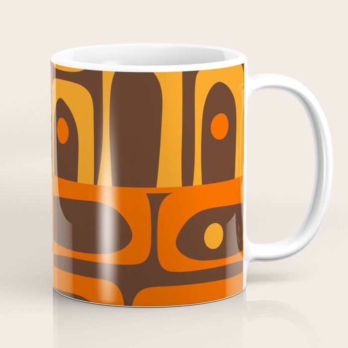 Mid Century Modern Abstract Retro 70s Brown and Orange Piquet Multi Pattern Coffee Mug Gallery Image 1