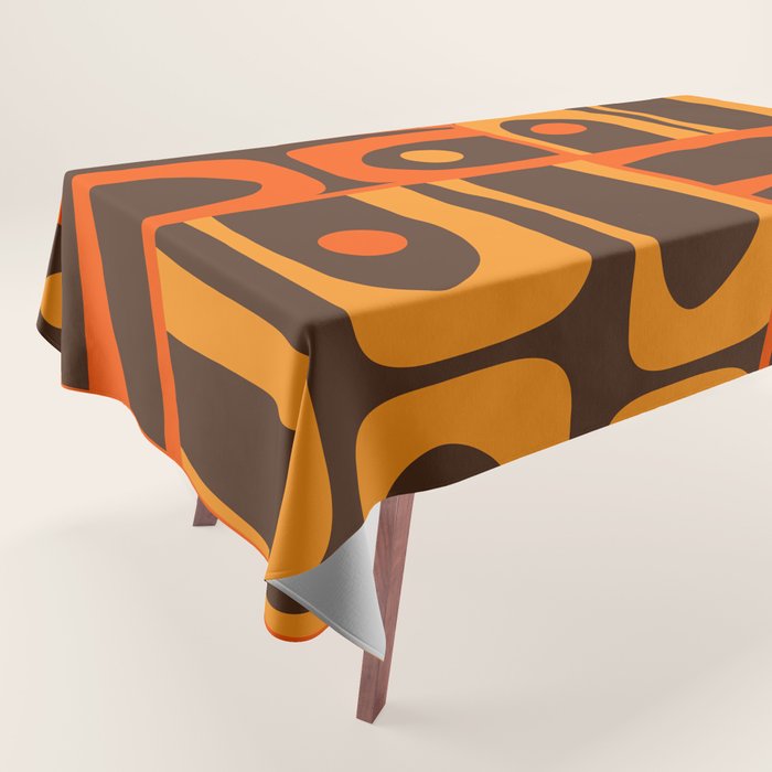 Mid Century Modern Abstract Retro 70s Brown and Orange Piquet Multi Pattern Tablecloth Gallery Image 1