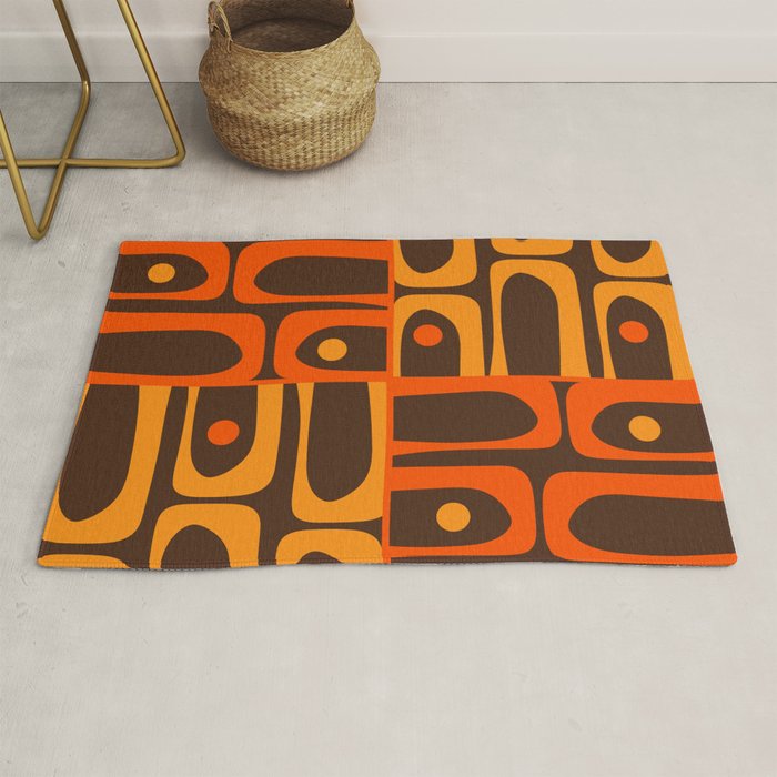 Mid Century Modern Abstract Retro 70s Brown and Orange Piquet Multi Pattern Rug Gallery Image 1