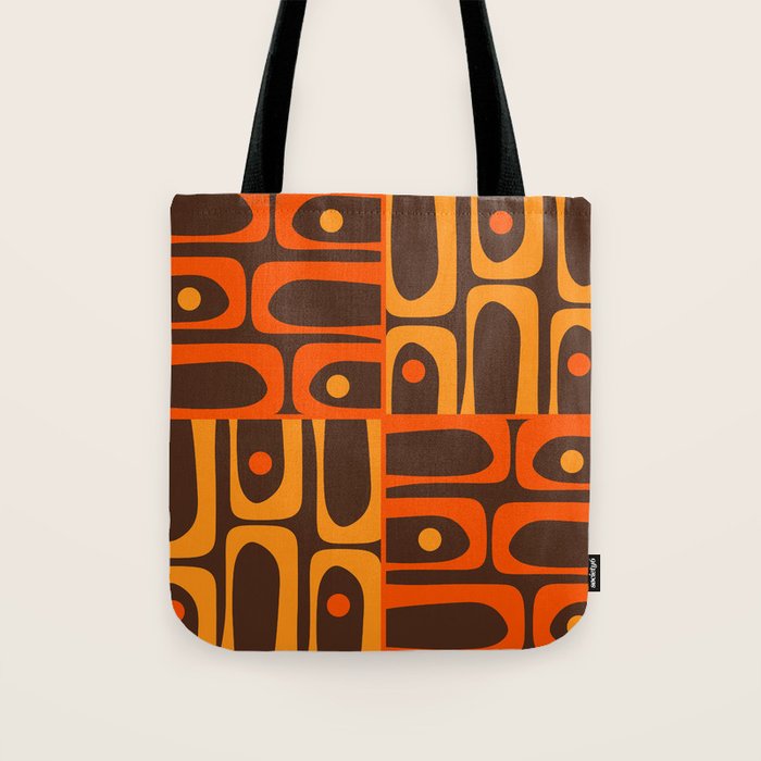 Mid Century Modern Abstract Retro 70s Brown and Orange Piquet Multi Pattern Tote Bag Gallery Image 1