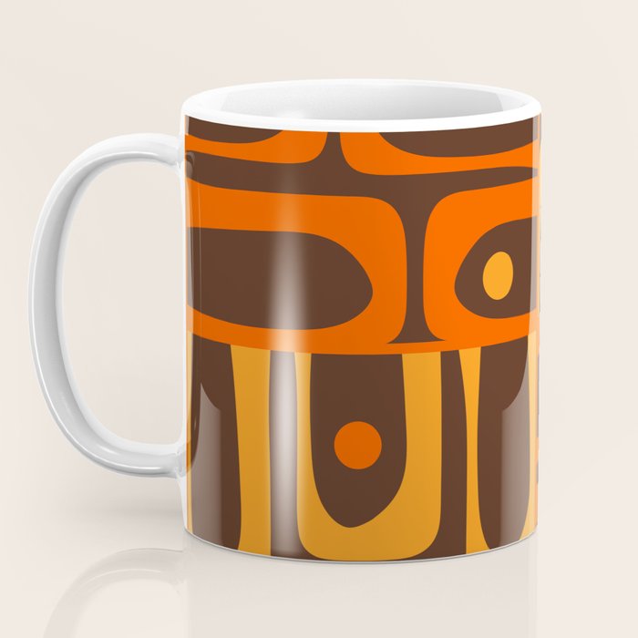 Mid Century Modern Abstract Retro 70s Brown and Orange Piquet Multi Pattern Coffee Mug Gallery Image 3