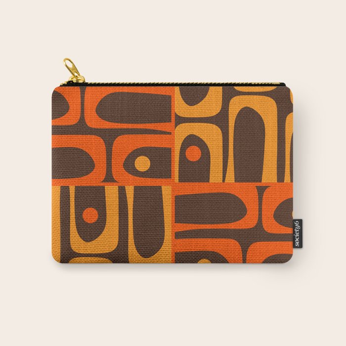 Mid Century Modern Abstract Retro 70s Brown and Orange Piquet Multi Pattern Carry All Pouch Gallery Image 1