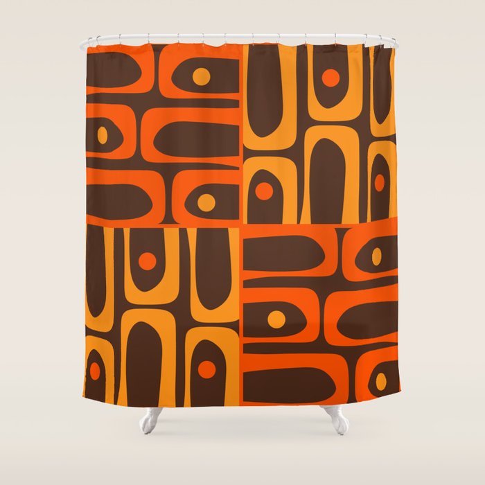 Mid Century Modern Abstract Retro 70s Brown and Orange Piquet Multi Pattern Shower Curtain Gallery Image 1