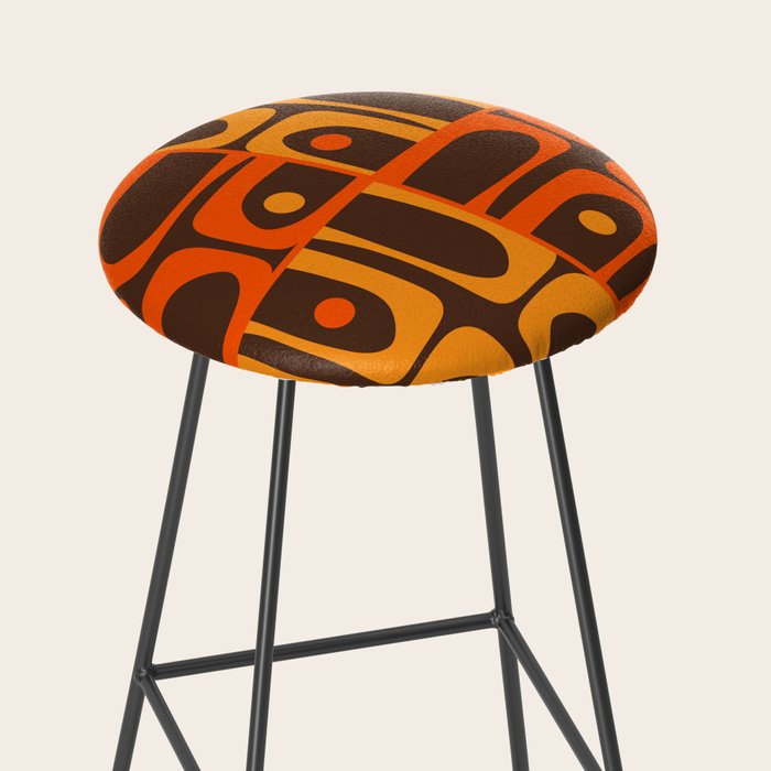Mid Century Modern Abstract Retro 70s Brown and Orange Piquet Multi Pattern Stool Gallery Image 2