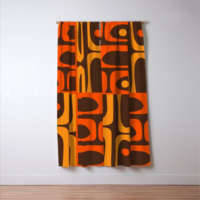 Mid Century Modern Abstract Retro 70s Brown and Orange Piquet Multi Pattern Window Curtain Gallery Image 3