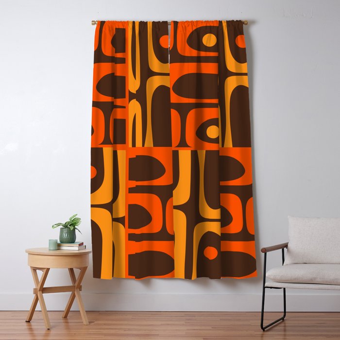 Mid Century Modern Abstract Retro 70s Brown and Orange Piquet Multi Pattern Window Curtain Gallery Image 1