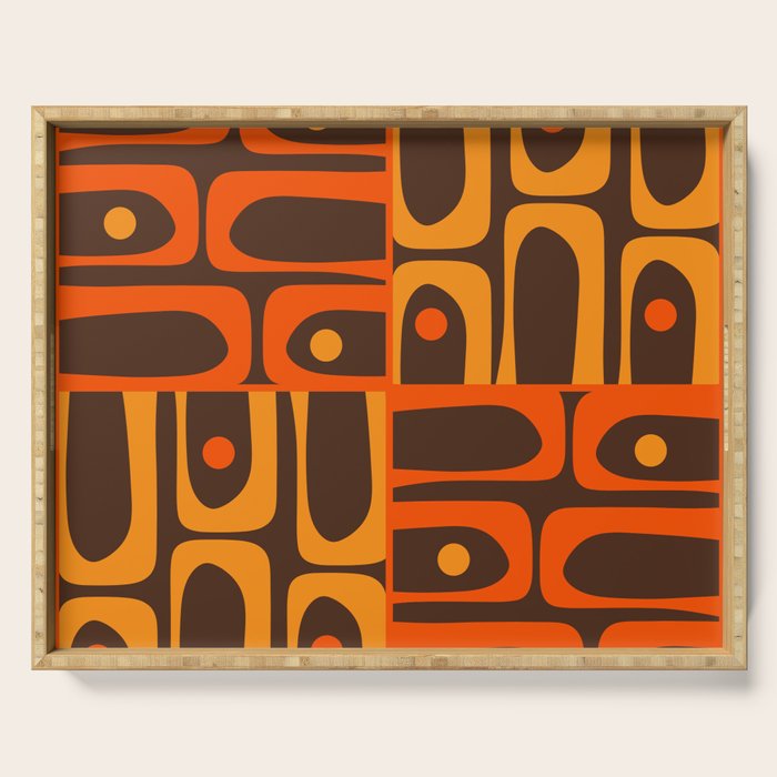 Mid Century Modern Abstract Retro 70s Brown and Orange Piquet Multi Pattern Serving Tray Gallery Image 1
