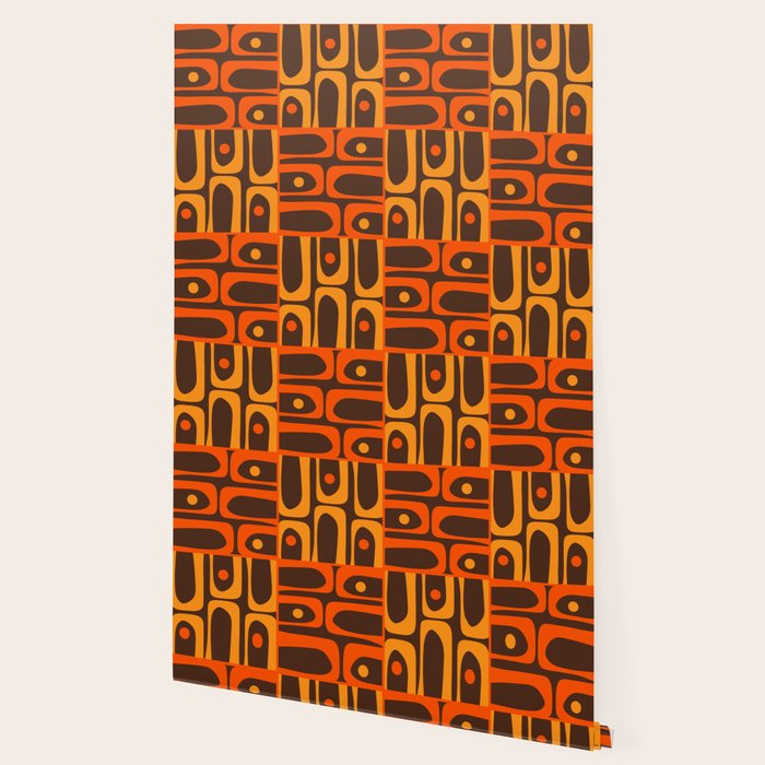 Mid Century Modern Abstract Retro 70s Brown and Orange Piquet Multi Pattern Wallpaper Gallery Image 2