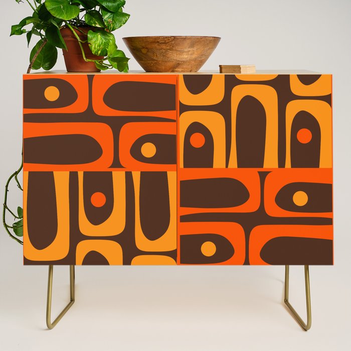 Mid Century Modern Abstract Retro 70s Brown and Orange Piquet Multi Pattern Credenza Gallery Image 1