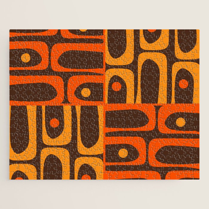Mid Century Modern Abstract Retro 70s Brown and Orange Piquet Multi Pattern Jigsaw Puzzle Gallery Image 1